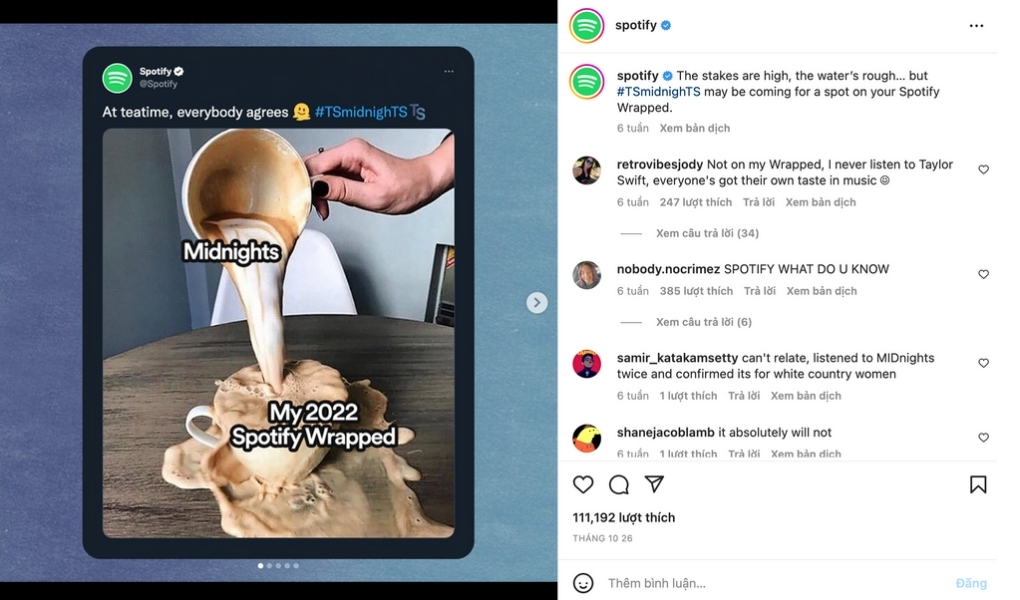 Giọng điệu hài hước và thẳng thắn của Spotify được thấy rõ trên các mạng xã hội của họ.