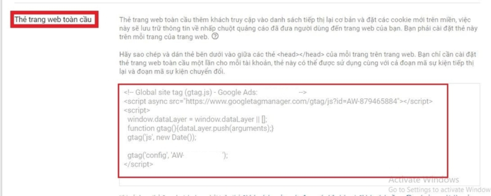 Mã Google Remarketing tại Thẻ trang web toàn cầu