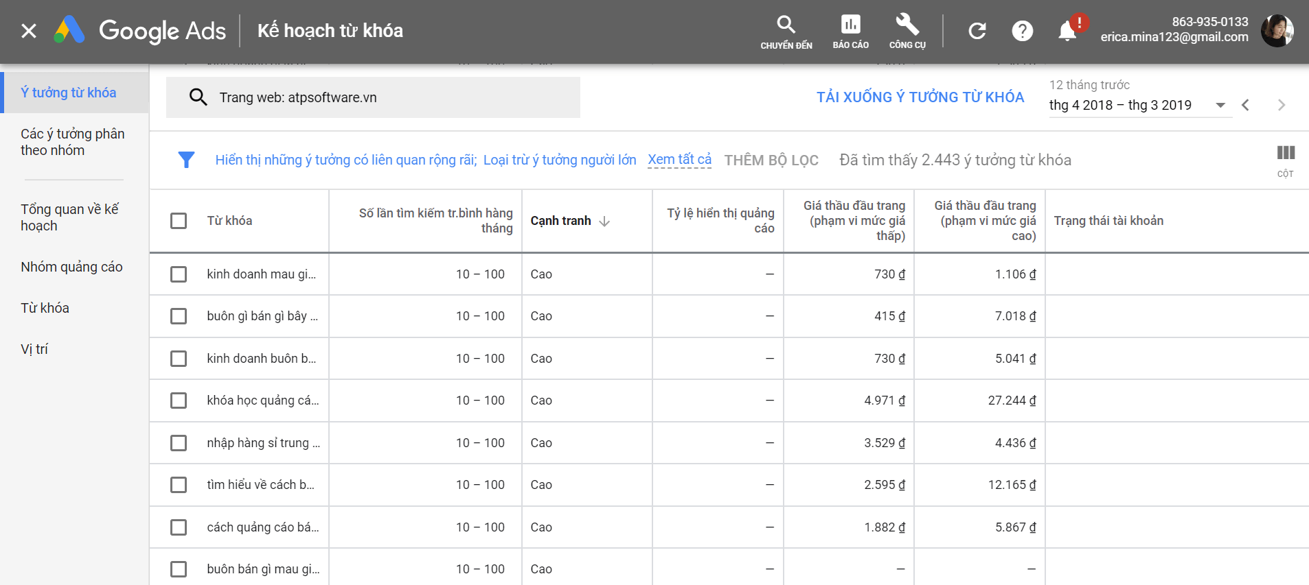 kiểm tra giá từ khóa Google Adwords