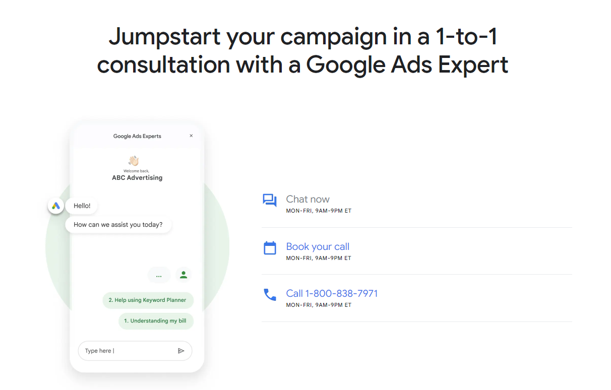 Liên lạc qua SĐT Google Ads.