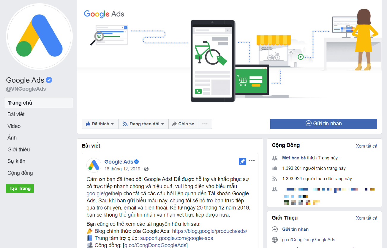 Liên hệ quảng cáo trên Google bằng cách nhắn tin qua trang Fanpage.