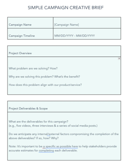 Template Marketing Creative Brief đơn giản, dễ sử dụng của Hubspot.